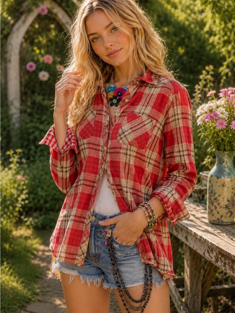 ❤️‍🔥 Aratta XL Red Plaid Button-Down Shirt Featuring Stunning  Back A-11 and A-